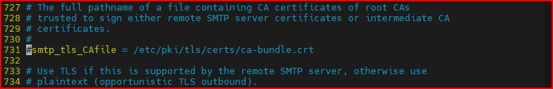 Como corrigir o Warning /etc/postfix/main.cf, line 748: overriding earlier entry: smtp_tls_CAfile=/etc/pki/tls/certs/ca-bundle.crt