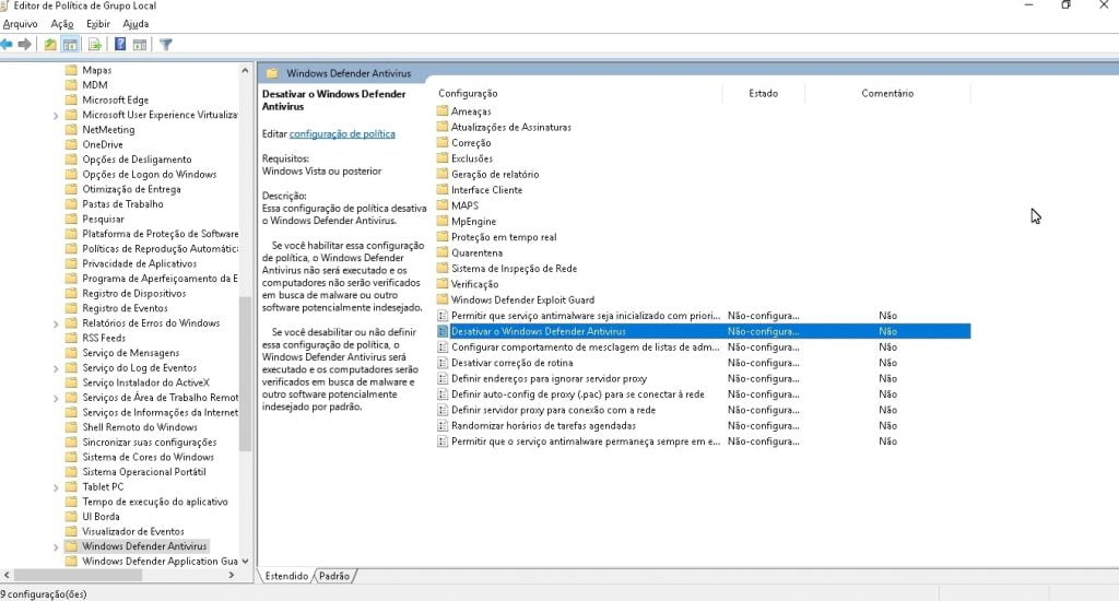 Desativar o Windows Defender Antivirus