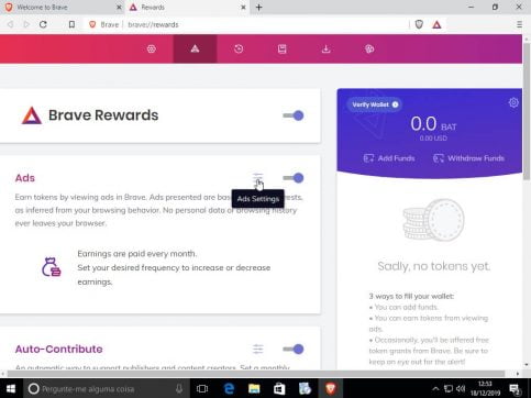 Ajustando os anúncios no Navegador Brave