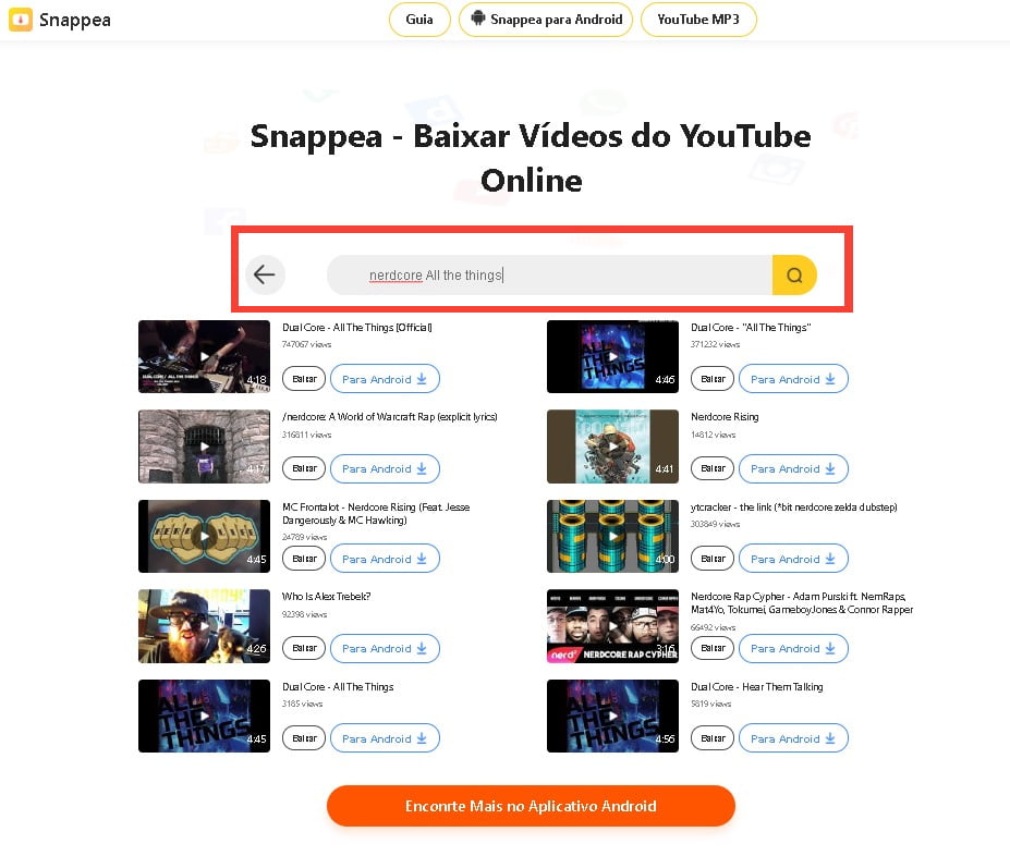 Snappea pesquisando vídeos e baixando do YouTube