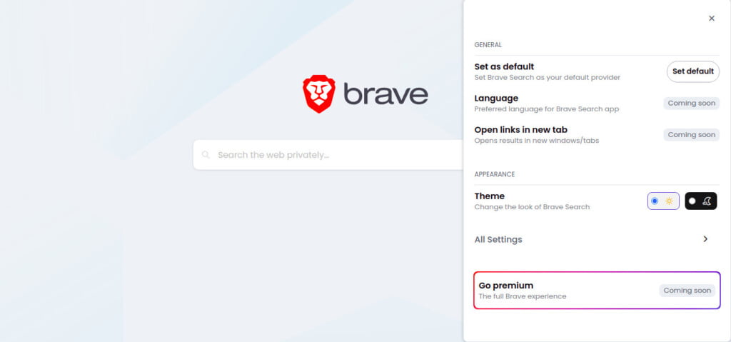 Painel de configurações básicas do Brave Search.