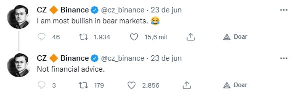 CZ fundador da Binance no Twitter sobre o mercado de criptomoedas