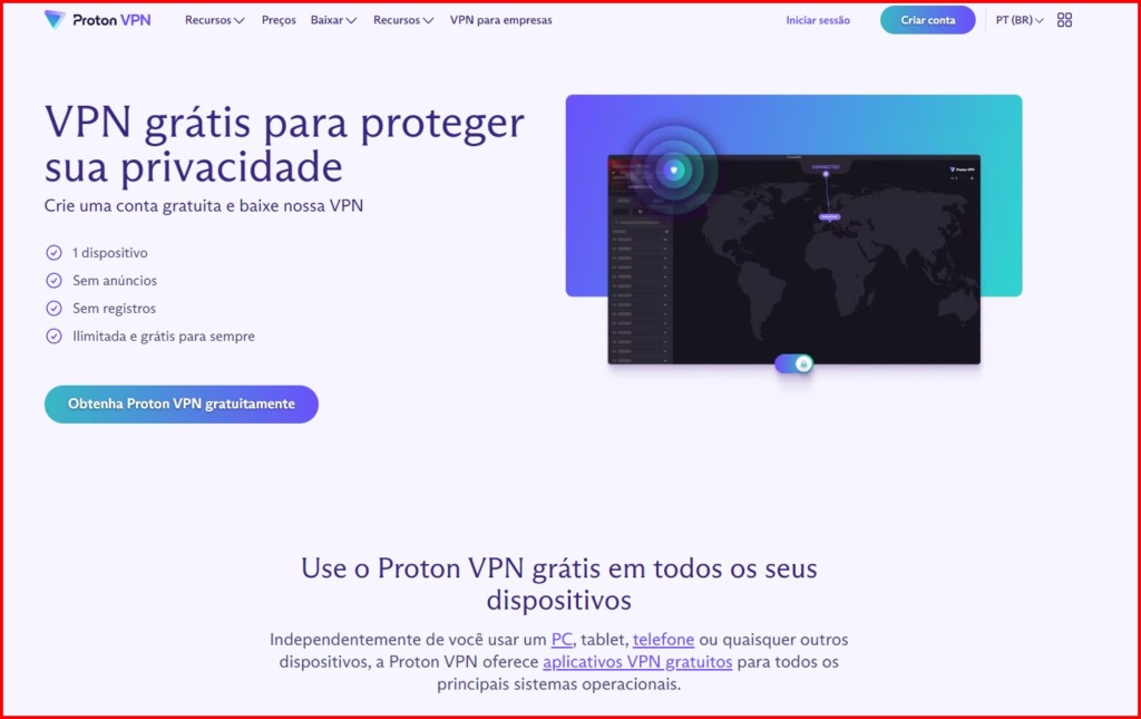 Proton VPN grátis para navegar de forma segura na internet.