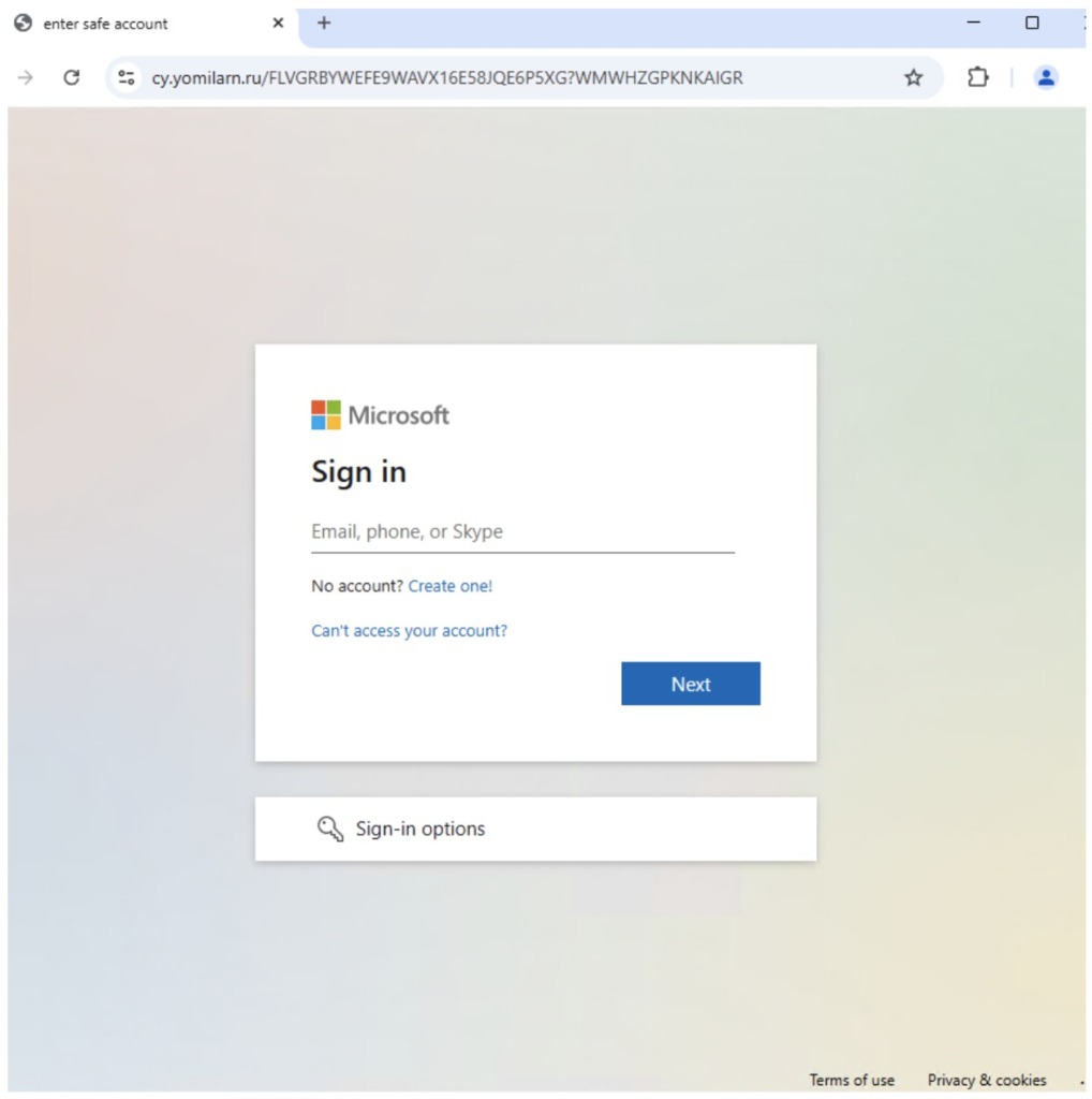 Página falsa da Microsoft criada no Lovable.
