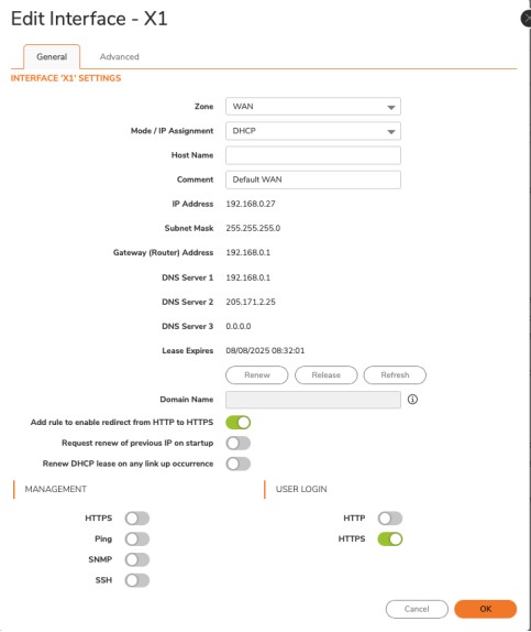 Editar interface de rede SonicWall.