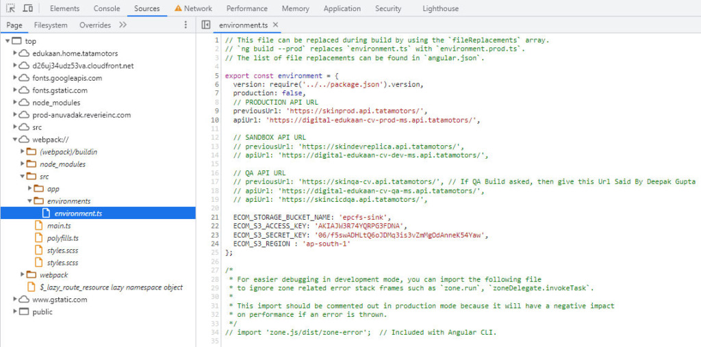 Credenciais da AWS em texto puro Tata Motors.
