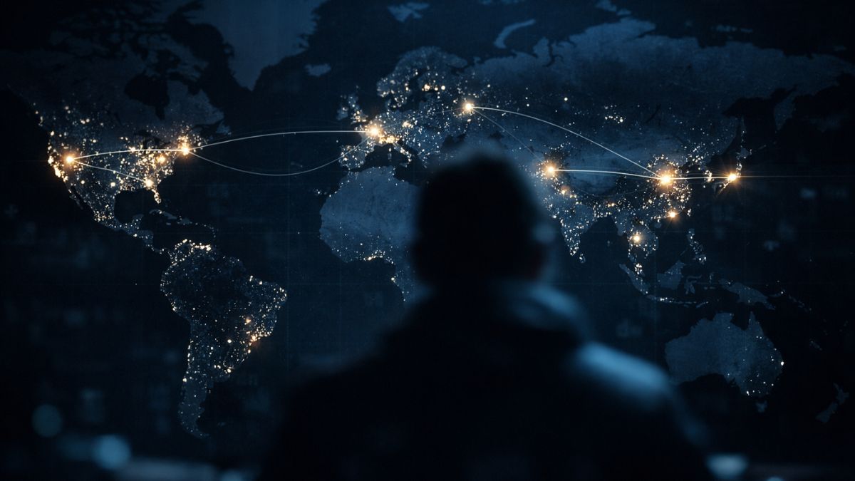 Mapa-múndi digital com conexões luminosas entre países, representando uma rede global de espionagem digital associada ao caso GhostNet.
