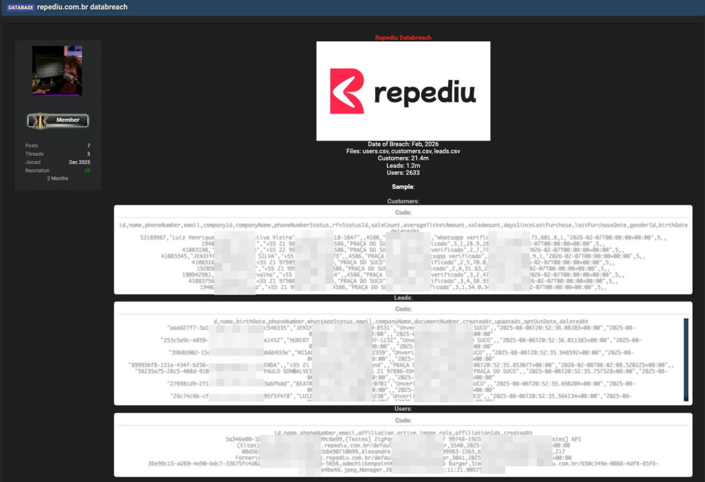 Suposto vazamento de dados da plataforma Repediu é publicado em fórum da Dark Web.