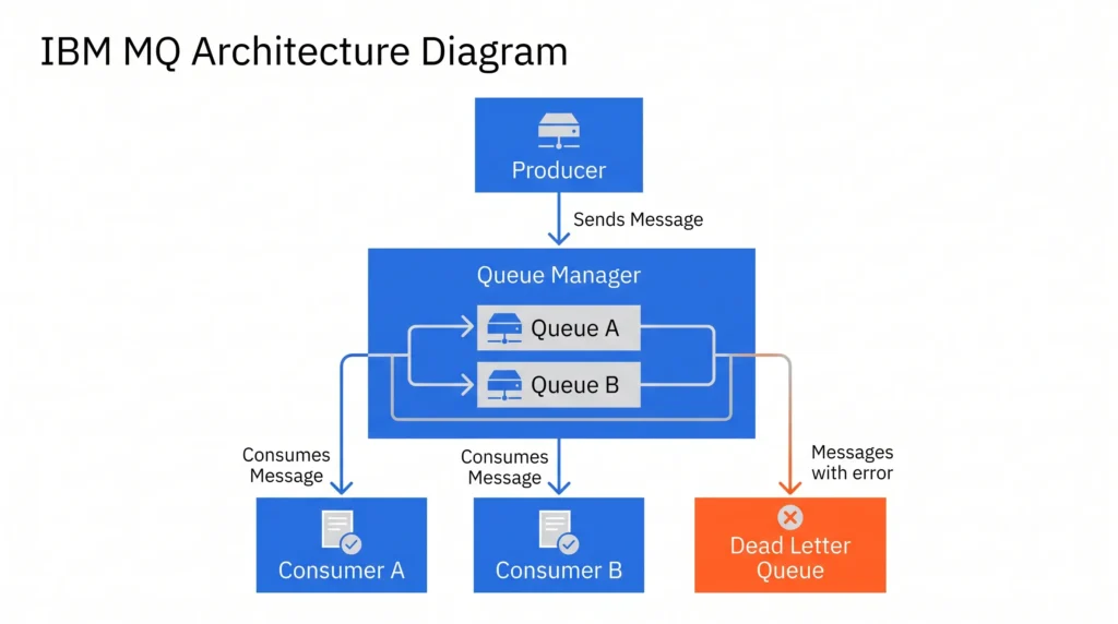 Arquitetura do IBM MQ com Queue Manager, filas de mensagens, produtores, consumidores e Dead Letter Queue.