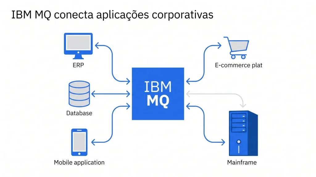 Diagrama mostrando o IBM MQ.conectando ERP, banco de dados, aplicativo, e commerce e sistemas corporativos.