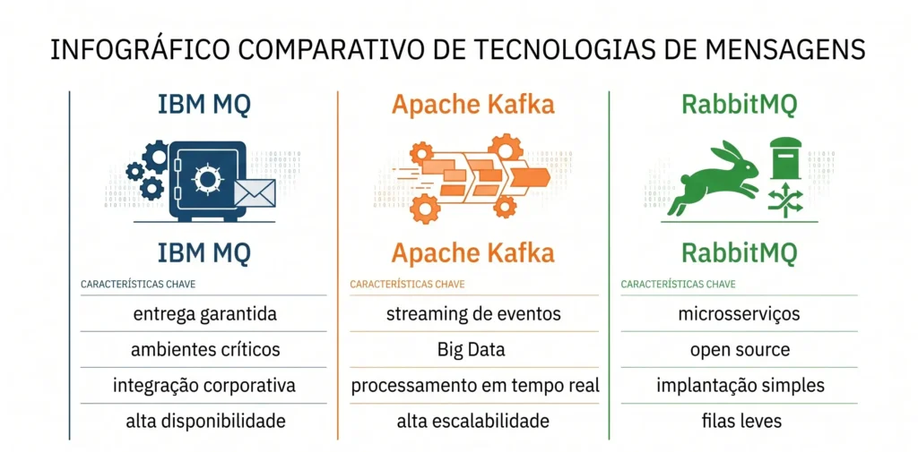 Comparação entre IBM MQ, Apache Kafka e RabbitMQ destacando as principais características de cada tecnologia.