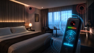 Detector de câmeras escondidas com IA identifica dispositivos ocultos em hotéis.