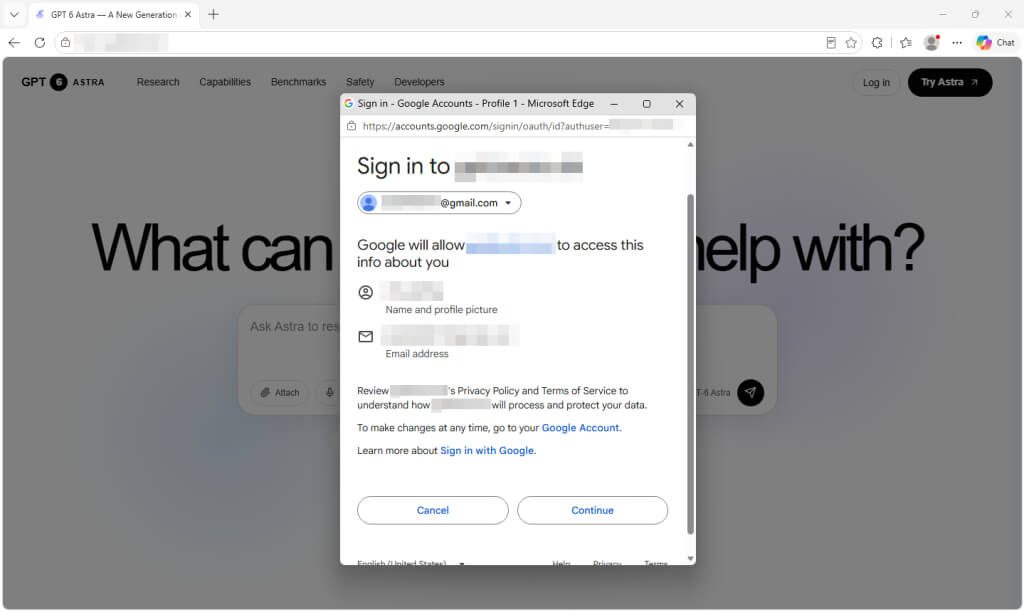Phishing login Google ChatGPT Astra.