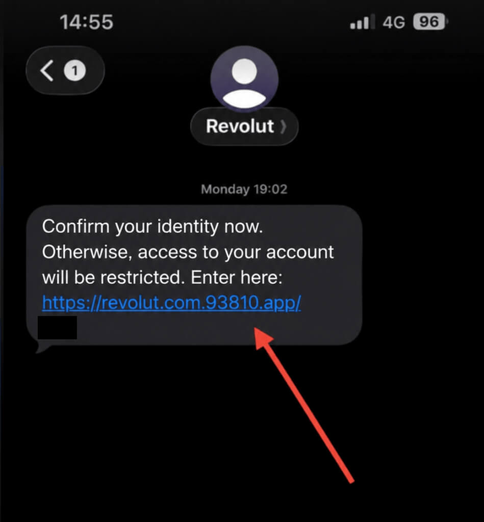 Mensagem de phishing Revolut.